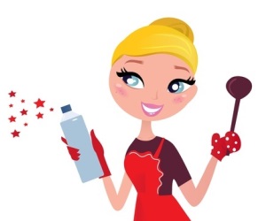 woman in apron with bottle and spoon