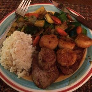 Hibachi-at-home: steak, scallops, veggies (zucchini, carrot, onion, peas), rice.