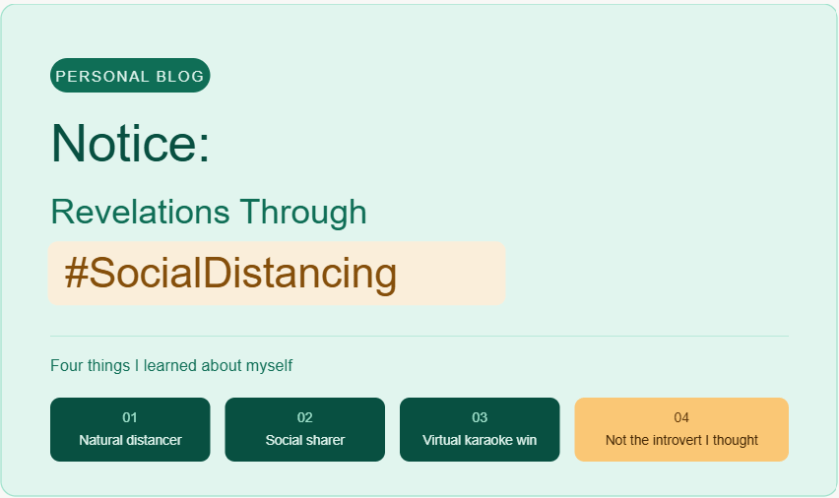 Blog post header graphic for "Notice: Revelations Through #SocialDistancing." Clean teal and amber design with four labeled tiles summarizing the post's themes: Natural distancer, Social sharer, Virtual karaoke win, and Not the introvert I thought.